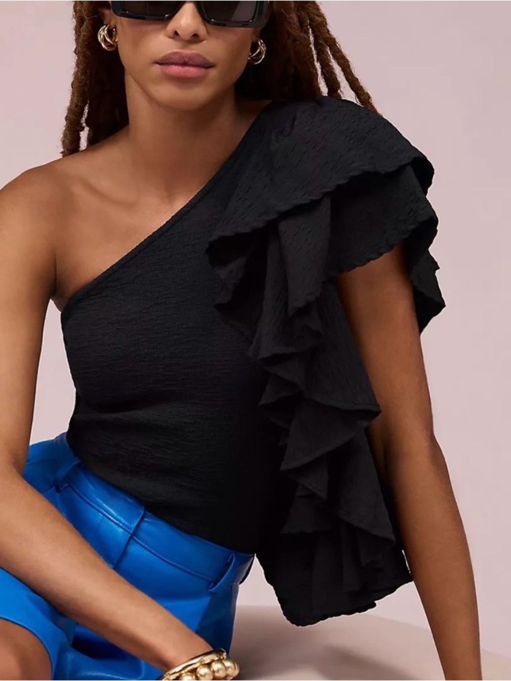 Anthropologie Black One-Shoulder Ruffle Sleeve Top